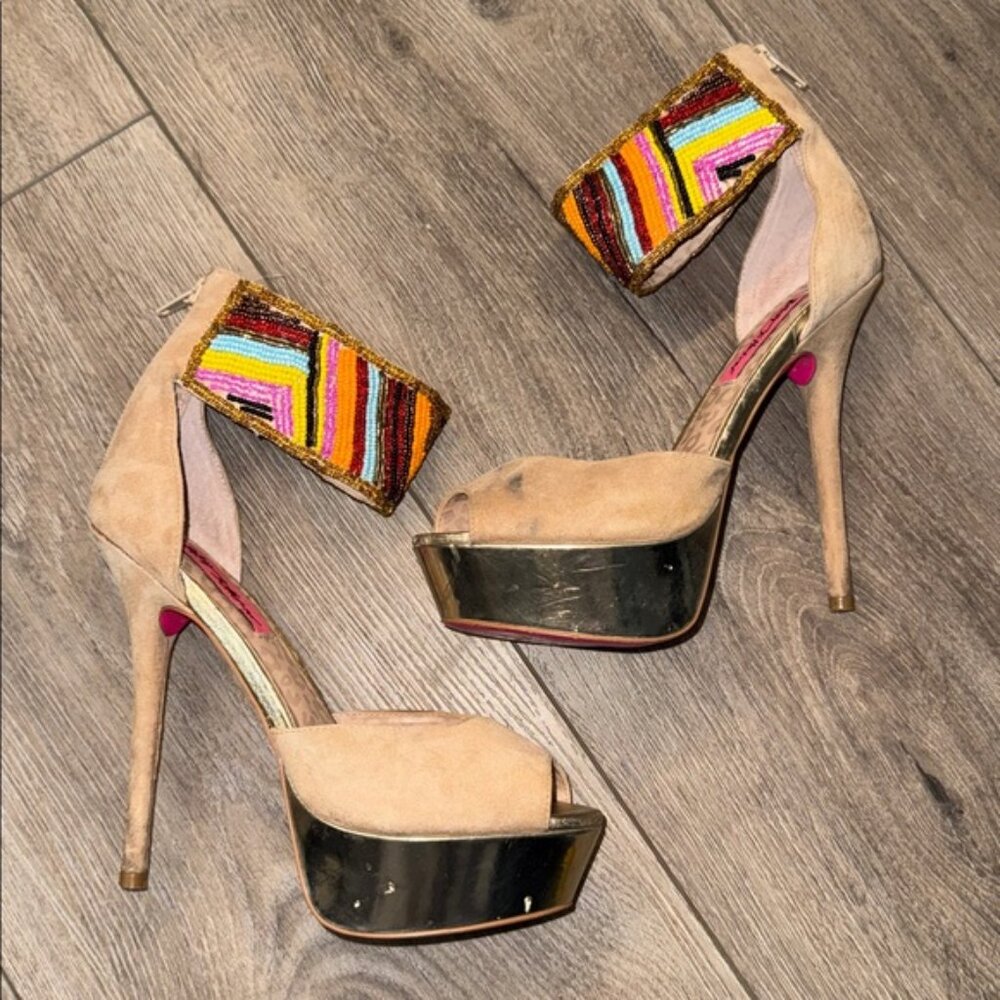 Betsey Johnson Ireen Nude Multi Beaded Ankle Cuff Platform Heels - Picture 2 of 10